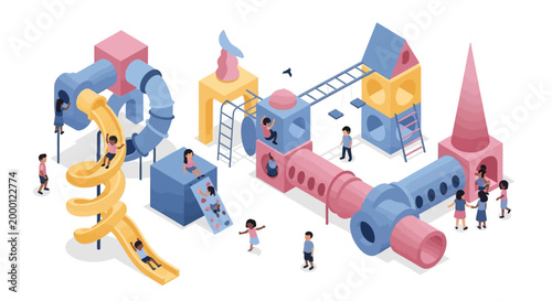 Isometric illustration shows children playing on a colorful playground structure with slides, tunnels, and platforms against a plain white background, creating a playful and vibrant scene