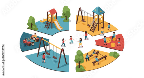 Overhead vector illustration of a playground divided into color-coded sections with children playing on swings, slides, and seesaws, set against a clean white background