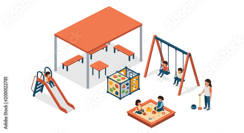Isometric illustration of children playing on a swing set and a slide in a playground with a sandbox, picnic tables, and geometrical play structure, designed with bright, cheerful colors