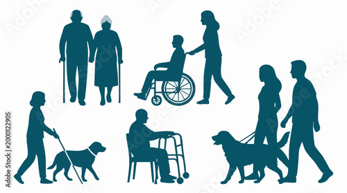 Silhouettes of diverse people with disabilities and assistance, inclusivity concept