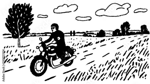 Motorcycle rider on an open road, surrounded by a simple countryside landscape. Black and white vector illustration showcases nature.