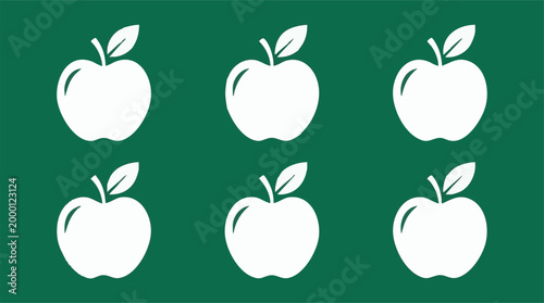 Six white apple icons with leaves on a vibrant green background pattern