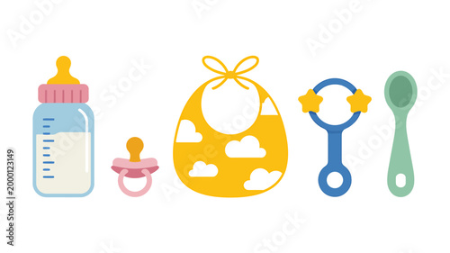 Colorful baby items for newborns and infants on white background