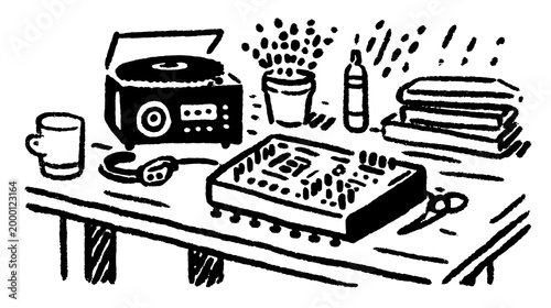 Table with a record player, cup, pot, and books. Simple black vector illustration set showcasing workspace elements in a minimal style.
