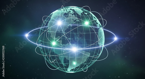 Digital communication network global globe planet earth connectivity concept with light rays and glowing data lines for internet connection background.