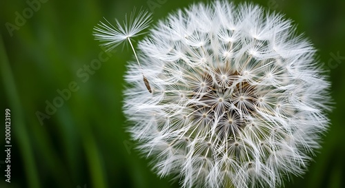 Dandelion seed head close-up with a floating seed. Against a soft green blur, it embodies nature's delicate cycle of dispersal and ephemeral beauty