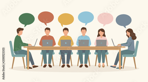 Diverse team collaborating online in a meeting with laptops and chat bubbles