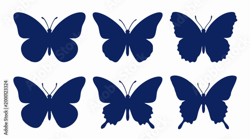 Six different blue butterfly silhouettes on a clean white background