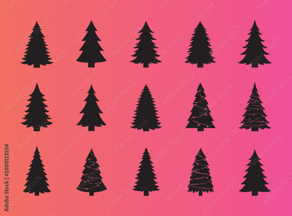 Obraz premium Collection of stylized christmas trees with and without decorative lights in festive design