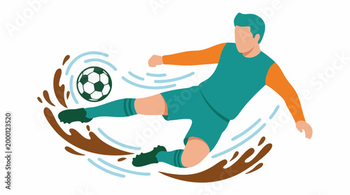 Stylized illustration of a soccer player kicking a ball with dynamic splashes