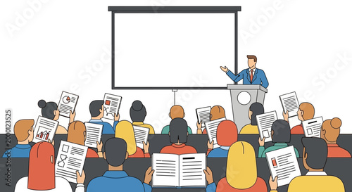 Business presentation with audience holding papers and projector screen for meeting or conference
