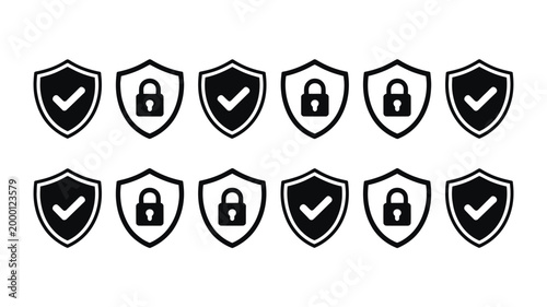 Shield security icon set with protection symbols including check mark and lock sign, vector illustration for cybersecurity, safety and data protection concepts.