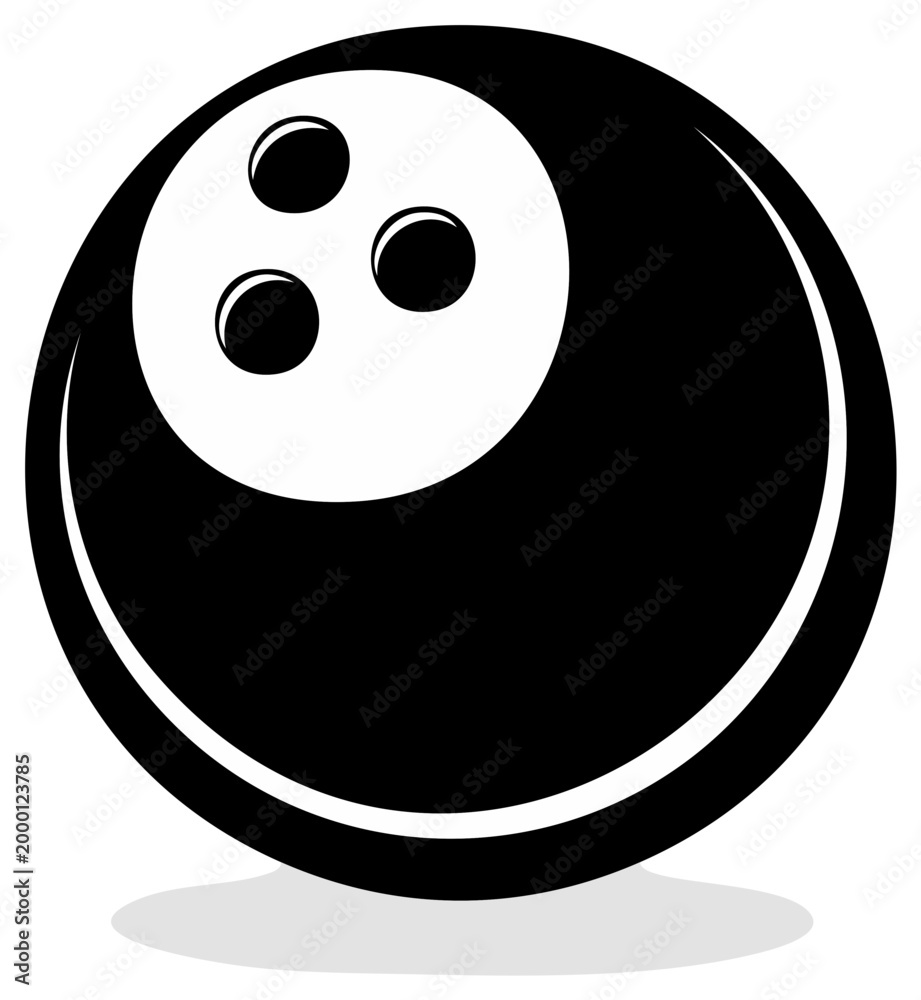 Fototapeta premium A black bowling ball in a simplified graphic style with three finger holes and a soft shadow creating a playful vector look.