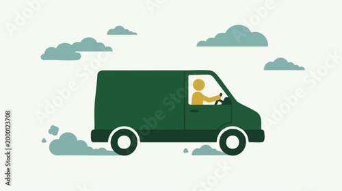 Flat illustration of a green delivery van in motion with a driver