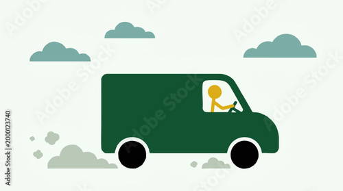 Green Delivery Van with Stick Figure Driver and Exhaust Fumes - Minimalist Illustration