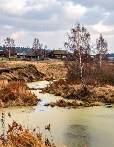 water, river, landscape, nature, sky, tree, forest, trees, grass, view, outdoors, 
houses, huts