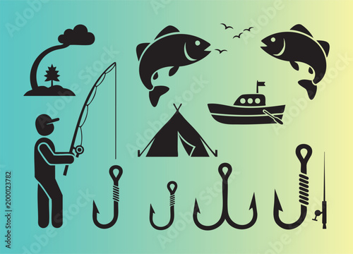 Colorful fishing icons set with fish hooks rods boat and tent perfect for outdoor leisure activities