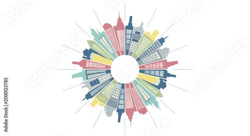 Circular skyline art with colorful skyscrapers radiating outwards, modern city concept