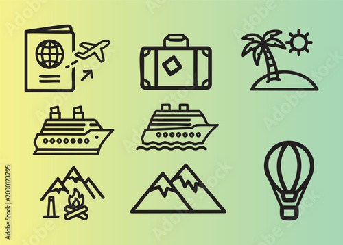 Colorful travel and vacation icons set including passport plane suitcase and tropical island illustrations
