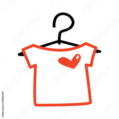 Cute doodle style white t-shirt with a red heart printed hanging on a black clothes hanger. Simple flat vector illustration for fashion apparel, shopping, or romantic graphic design.