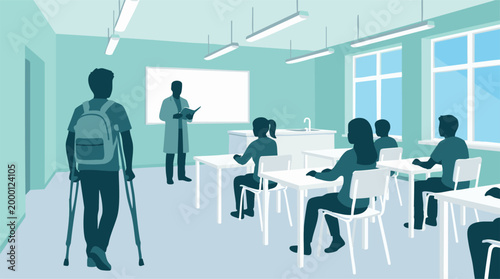 Disabled student with crutches walking into a modern inclusive classroom