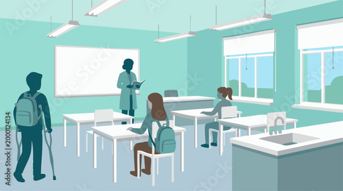 Inclusive classroom with teacher and students, one student with crutches