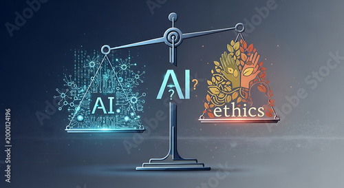 Artificial intelligence balancing with ethics on scales, concept of responsible AI development and moral decision-making, digital circuit and natural elements.