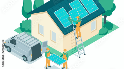 Isometric illustration: Workers installing solar panels on a house roof