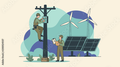 Engineers maintaining renewable energy infrastructure with solar panels and wind turbines