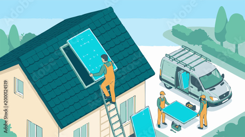 Isometric illustration of solar panel installation on a house roof
