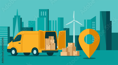 Logistics and Delivery: Van, Parcels, and Location Pin in City
