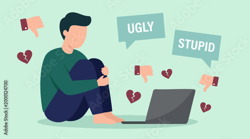 Depressed young man suffering from cyberbullying and online harassment