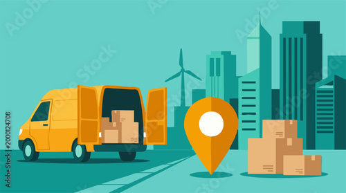 Urban delivery service concept with yellow van, packages, and location pin