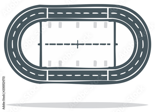 Oval track with sports field and stadium lights viewed from above