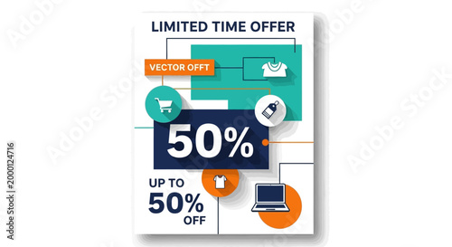 Limited Time Offer 50% Off Sale Promotion with Shopping Icons and Laptop