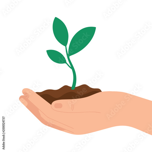 Hand Holding Green Plant Seedling Growth Eco Nature Care Vector Illustration