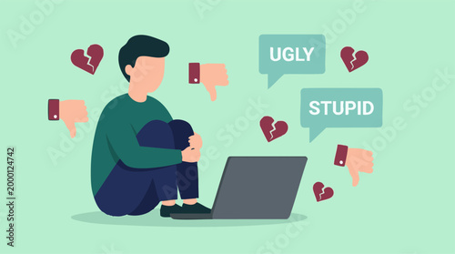 Young person suffering from cyberbullying and online hate on laptop