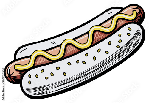 Illustrated hotdog in a bun with mustard for a fast food concept or design element
