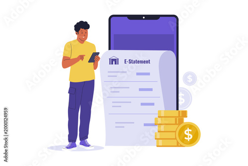 Illustration of Checking Digital Bank E-Statement on Smartphone. A man reviewing his monthly bank e-statement on a smartphone, representing eco-friendly and paperless financial record keeping
