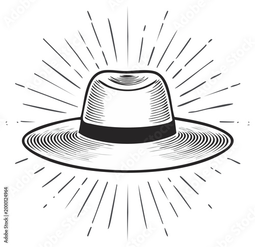 Vintage Fedora Hat with Sunburst Rays Illustration