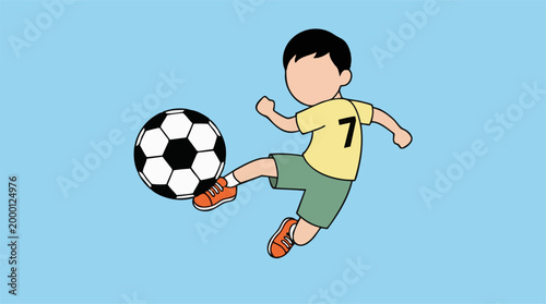 Cartoon boy in a jersey with number 7 kicking a soccer ball
