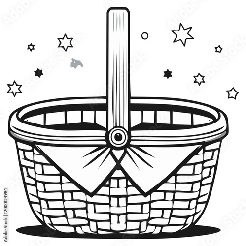 Black and White Woven Basket with White Cloth and Decorative Stars for Easter or Picnic