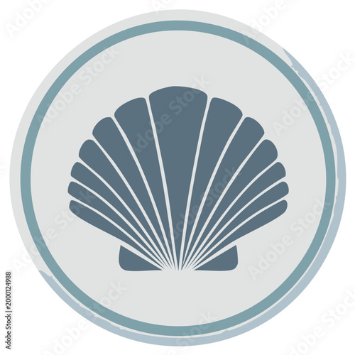 Isolated simple blue seashell vector emblem illustration on light round background design for marine life product