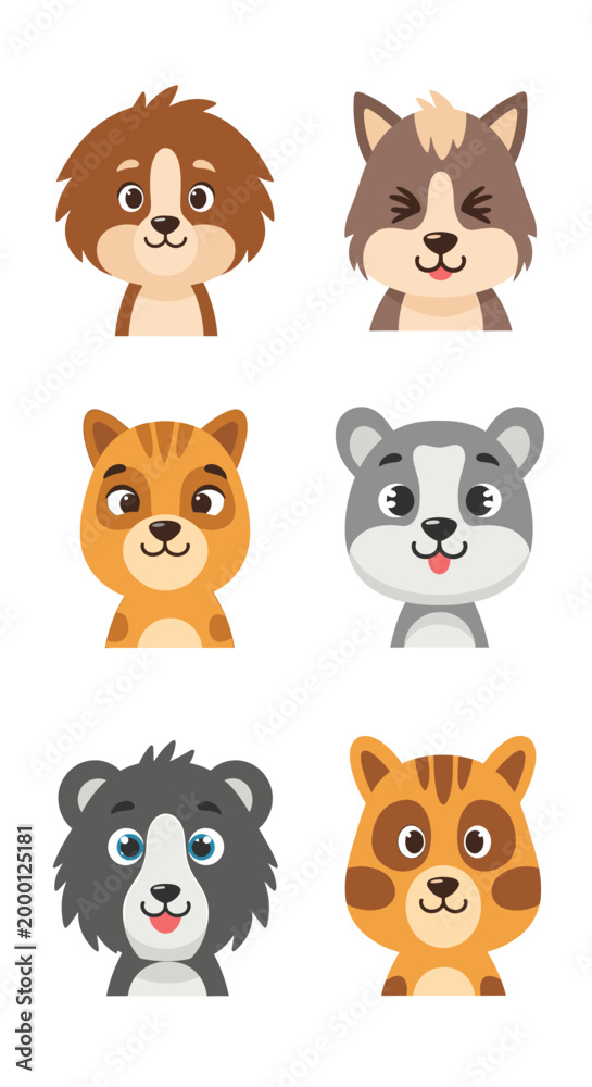 Fototapeta premium A collection of six adorable cartoon animal portraits, featuring a variety of cute woodland creatures with expressive eyes and friendly smiles.