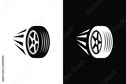 Dynamic racing tire motion icon set in black and white contrast