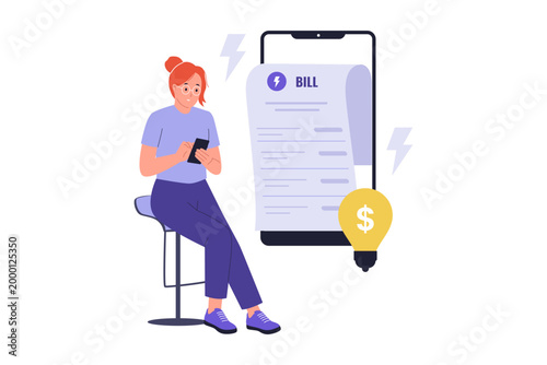 Illustration of Paying Electricity Utility Bill via Mobile Phone. A woman paying her electricity bill using a mobile app, illustrated with a lightbulb icon and energy symbols for clear financial conte