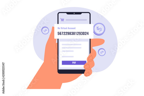 Illustration of Virtual Account Number for Mobile Transaction. A hand holding a smartphone showing a unique virtual account number for a secure and direct digital payment process