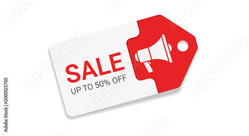 Red sale tag with 'Up To 50% Off' text and megaphone icon on white background