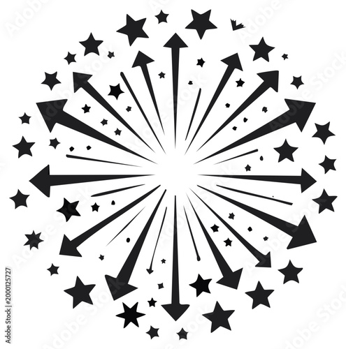 Abstract illustration of radial arrows and stars radiating outwards