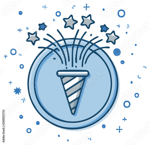 Celebratory confetti popper with stars and sparkling effects in a circle design